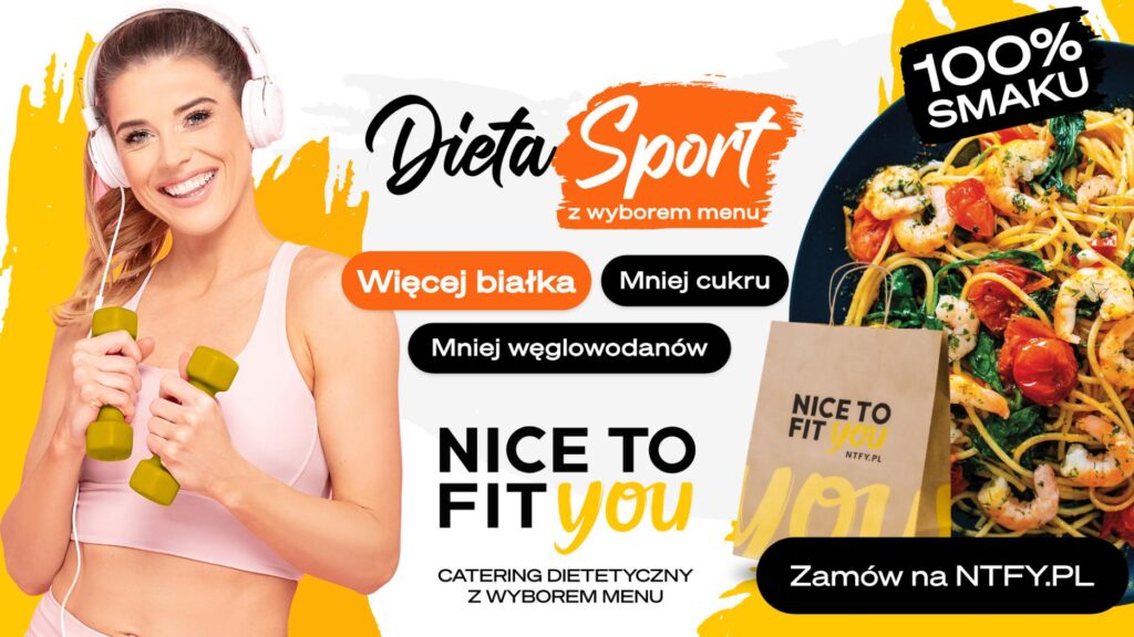 kobieta z hahntelkami, w tle grafika przedstawiająca przykład posiłku z diety sport